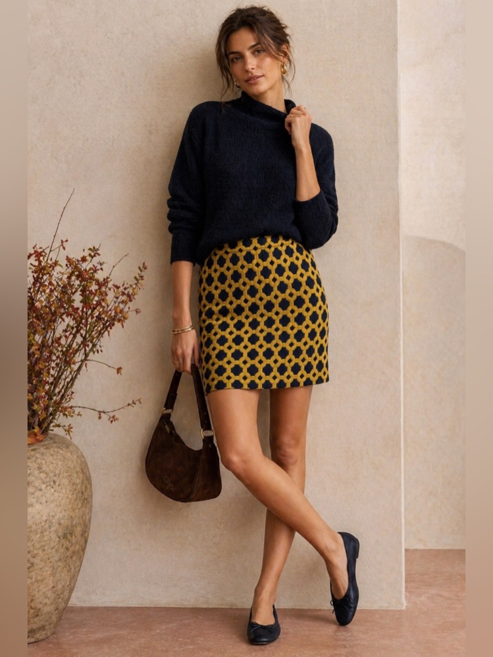 Anthro Charlie & Robin Textured Mini Skirt Mustard Navy Geo  Quilted Knit Retro